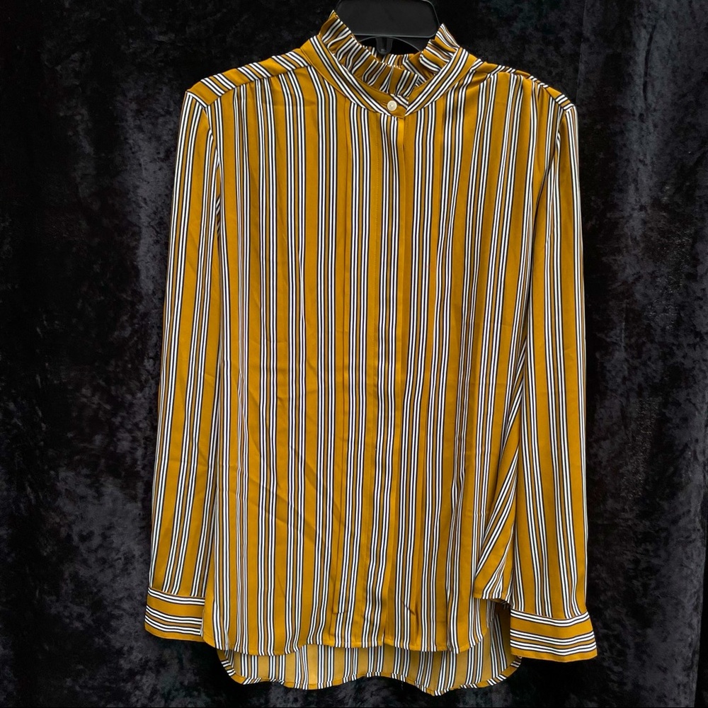 Ann Taylor Gold, Navy & White Striped Long Sleeve Button Down